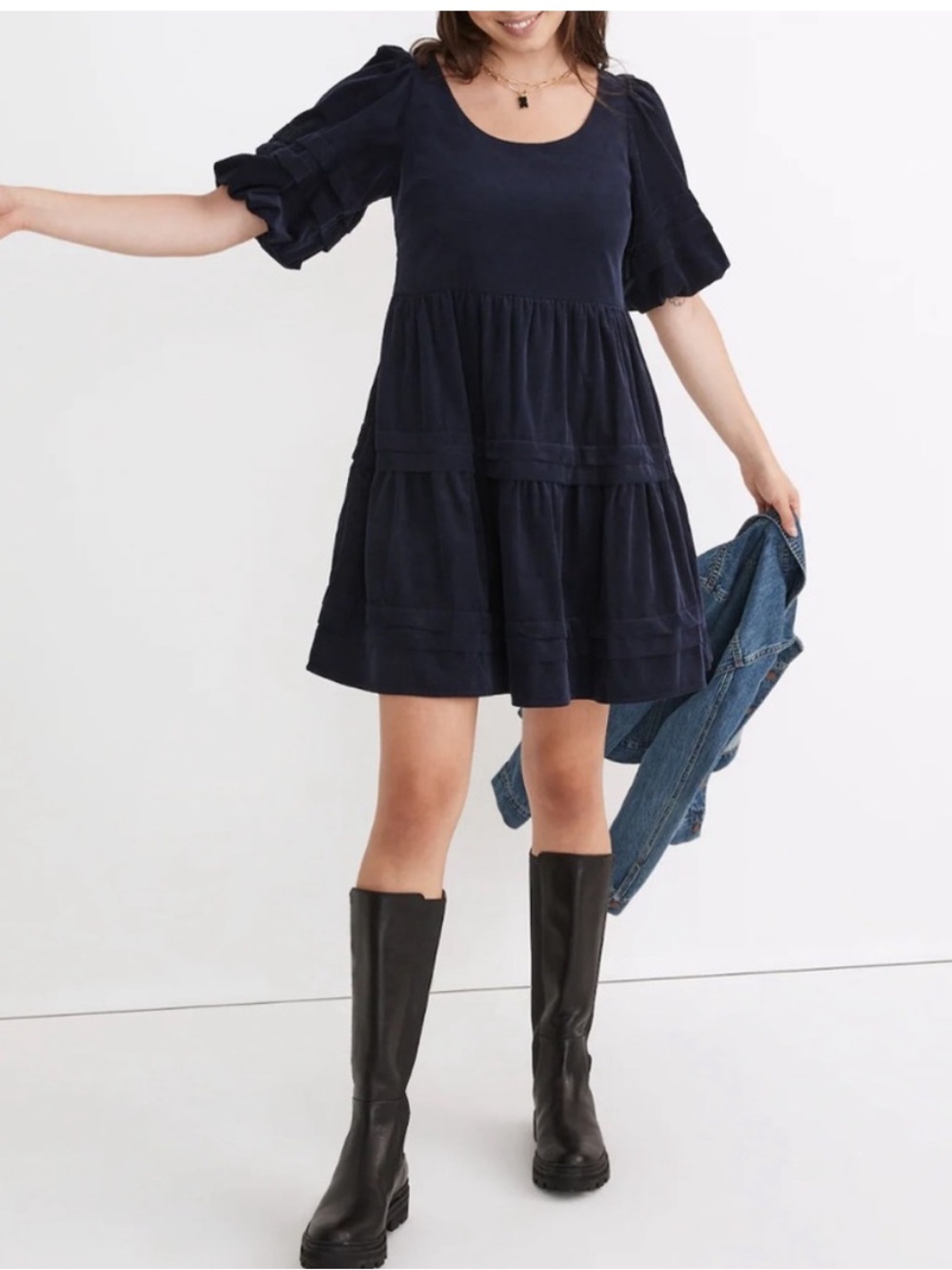 Madewell Tiered Short Sleeve Corduroy Mini Dress - Navy